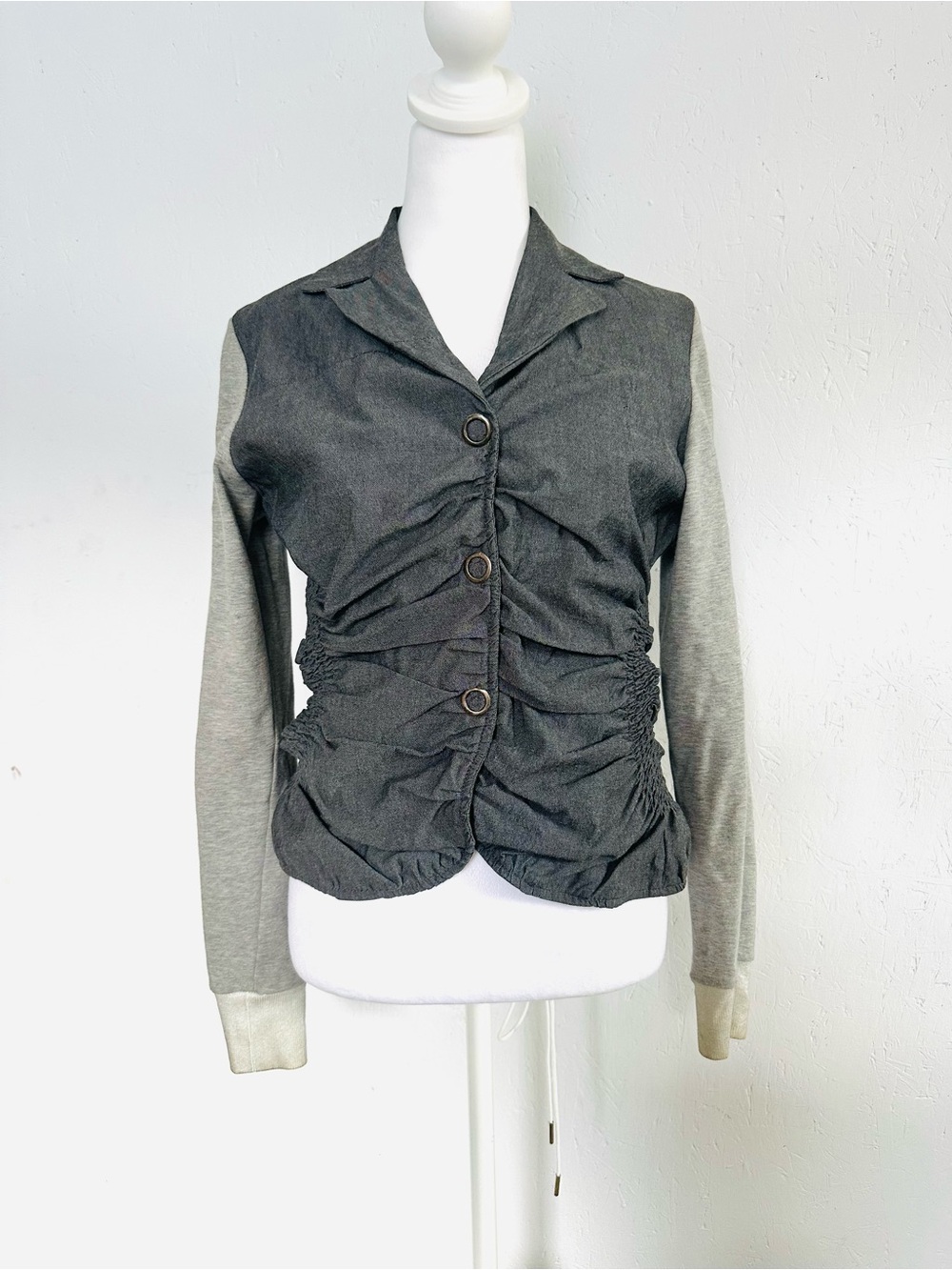 Gray Two-Tone Ruched Button Front Blazer